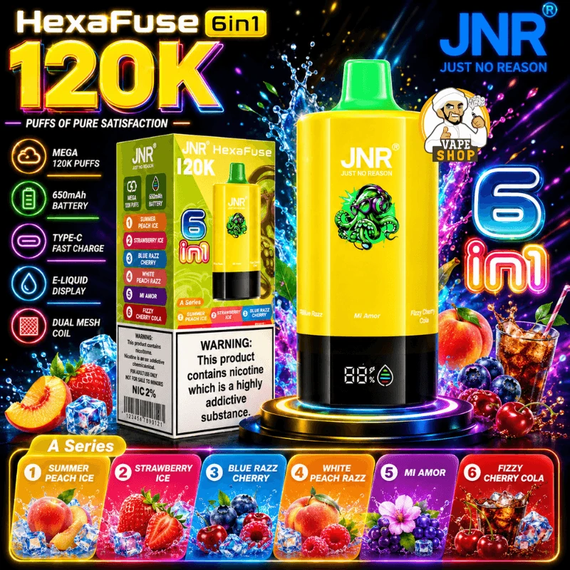 JNR HexaFuse 120K - Série A – Summer Peach Ice, Strawberry Ice, Blue Razz Cherry, White Peach Razz, Mi Amor, Fizzy Cherry Cola