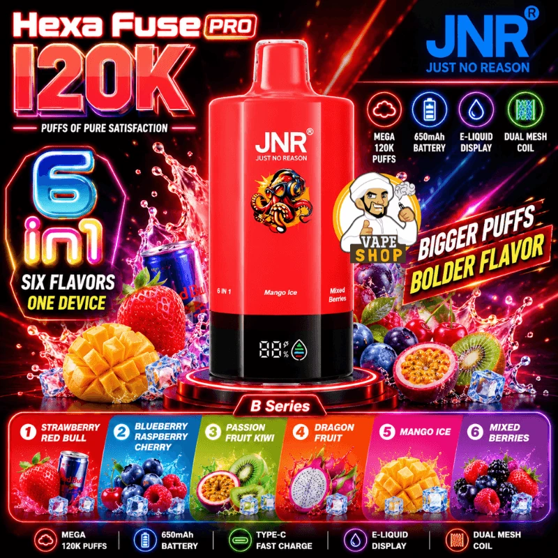 JNR HexaFuse 120K - Série B – Strawberry Red Bull, Blueberry Raspberry Cherry, Passion Fruit Kiwi, Dragon Fruit, Mango Ice, Mixed Berries