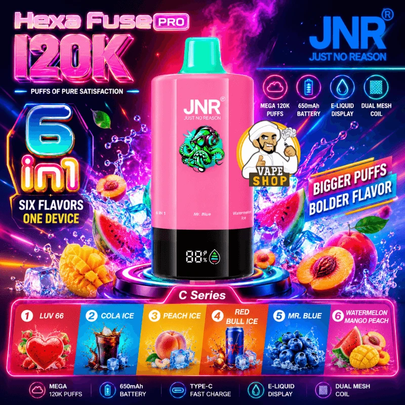 JNR HexaFuse 120K - Série C – Luv 66, Cola Ice, Peach Ice, Red Bull Ice, Mr. Blue, Watermelon Mango Peach