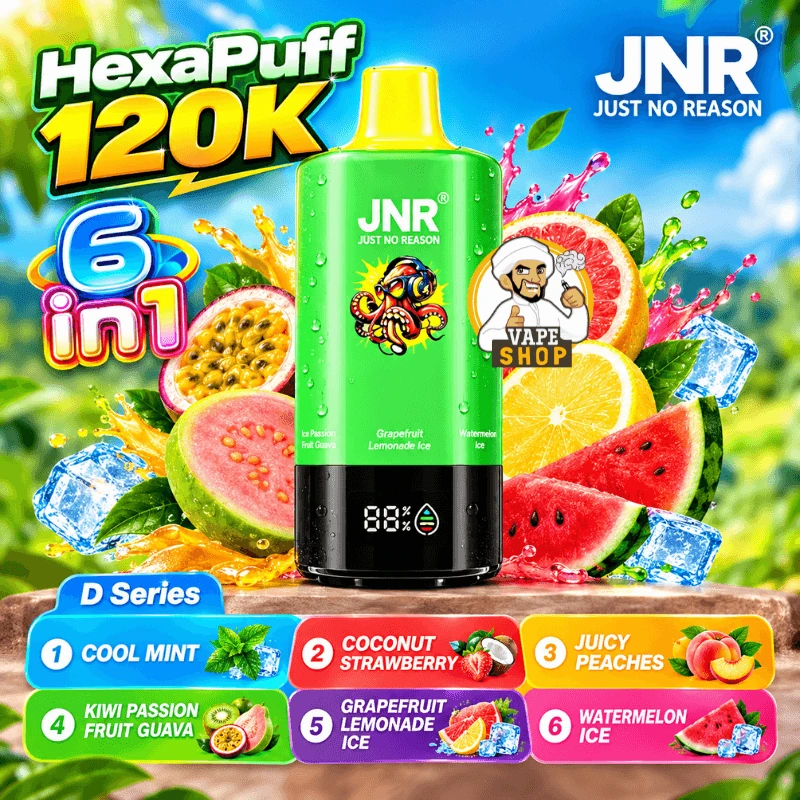 JNR HexaFuse 120K - Série D – Cool Mint, Coconut Strawberry, Juicy Peaches, Kiwi Passion Fruit Guava, Grapefruit Lemonade Ice, Watermelon Ice