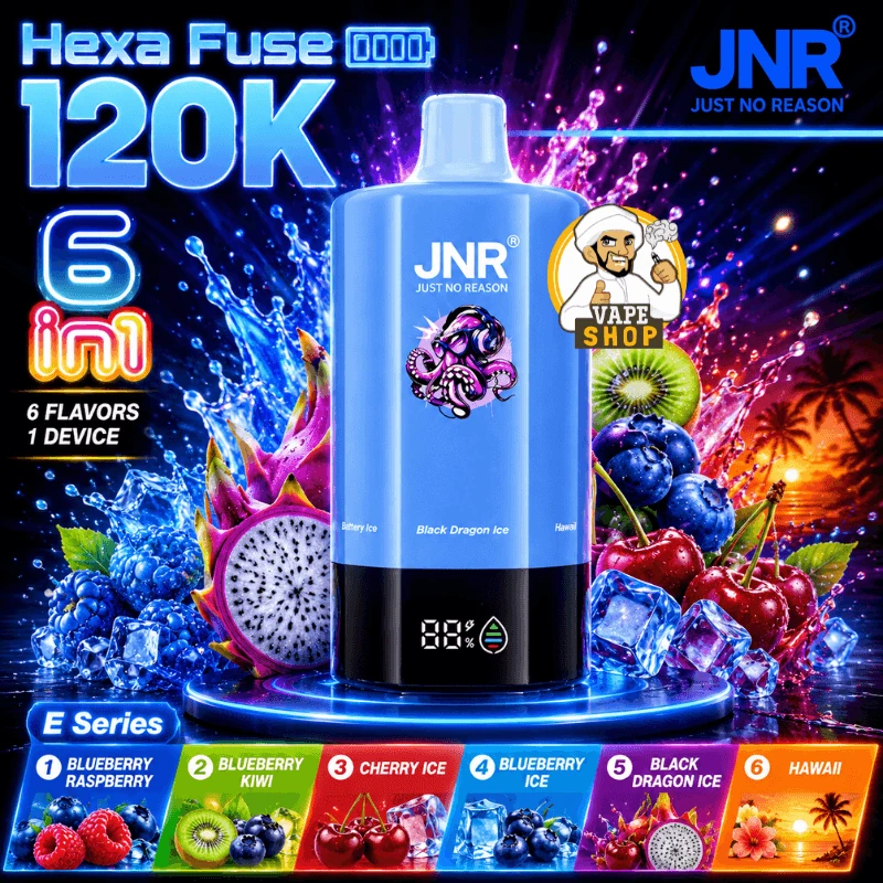 JNR HexaFuse 120K - Série E – Blueberry Raspberry, Blueberry Kiwi, Cherry Ice, Blueberry Ice, Black Dragon Ice, Hawaii