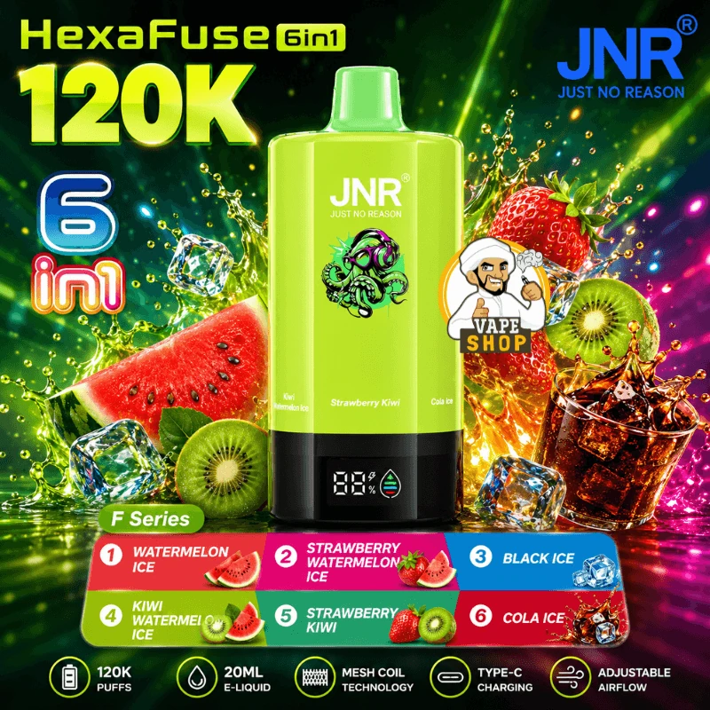 JNR HexaFuse 120K - Série F – Watermelon Ice, Strawberry Watermelon Ice, Black Ice, Kiwi Watermelon Ice, Strawberry Kiwi, Cola Ice