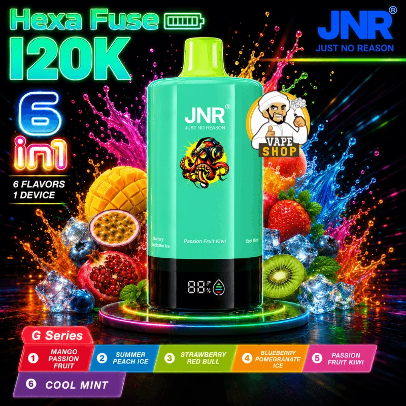 JNR HexaFuse 120K - Série G – Mango Passion Fruit, Summer Peach Ice, Strawberry Red Bull, Blueberry Pomegranate Ice, Passion Fruit Kiwi, Cool Mint
