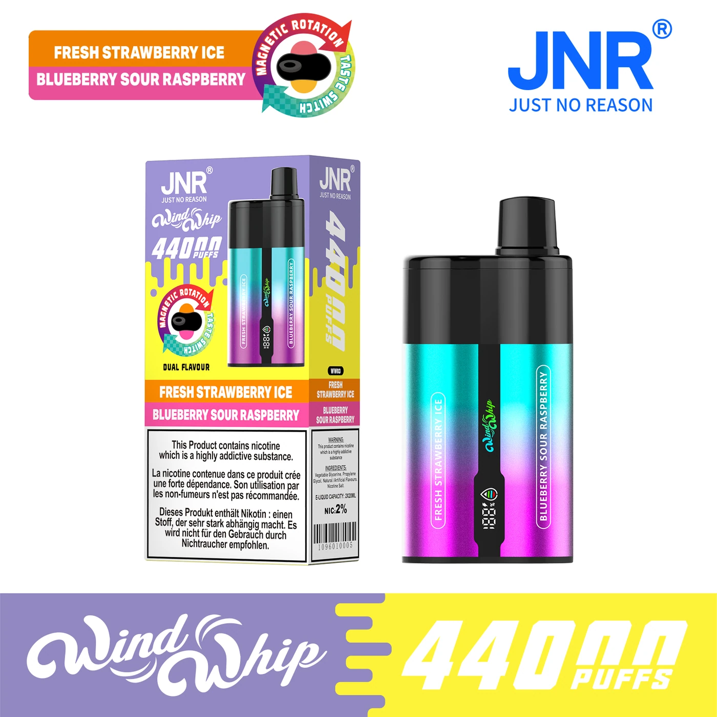 JNR WindWhip 44K - Fresh Strawberry Ice & Blueberry Sour Raspberry