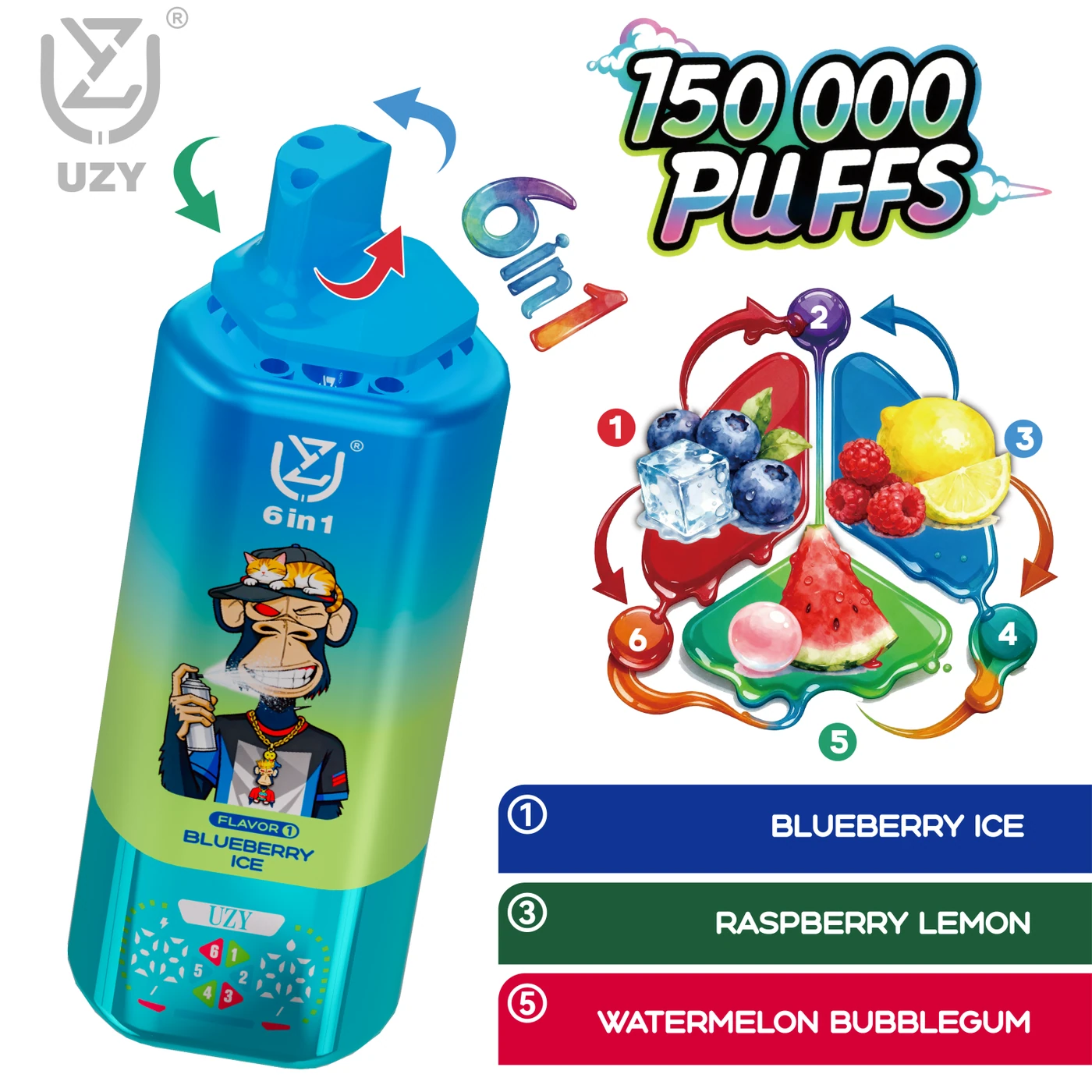 UZY 6-en-1 150K - Blueberry Ice & Raspberry Lemon & Watermelon Bubblegum
