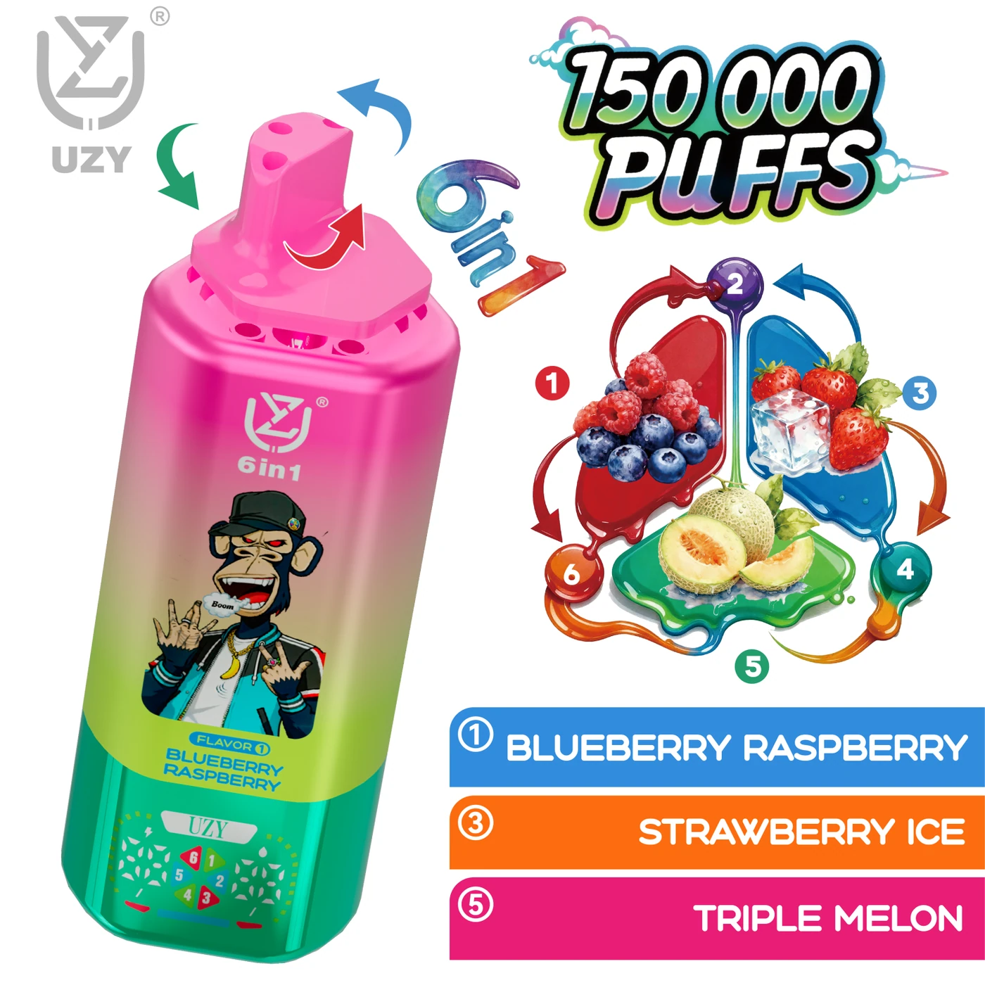 UZY 6-en-1 150K - Blueberry Raspberry & Triple Melon & Strawberry Ice