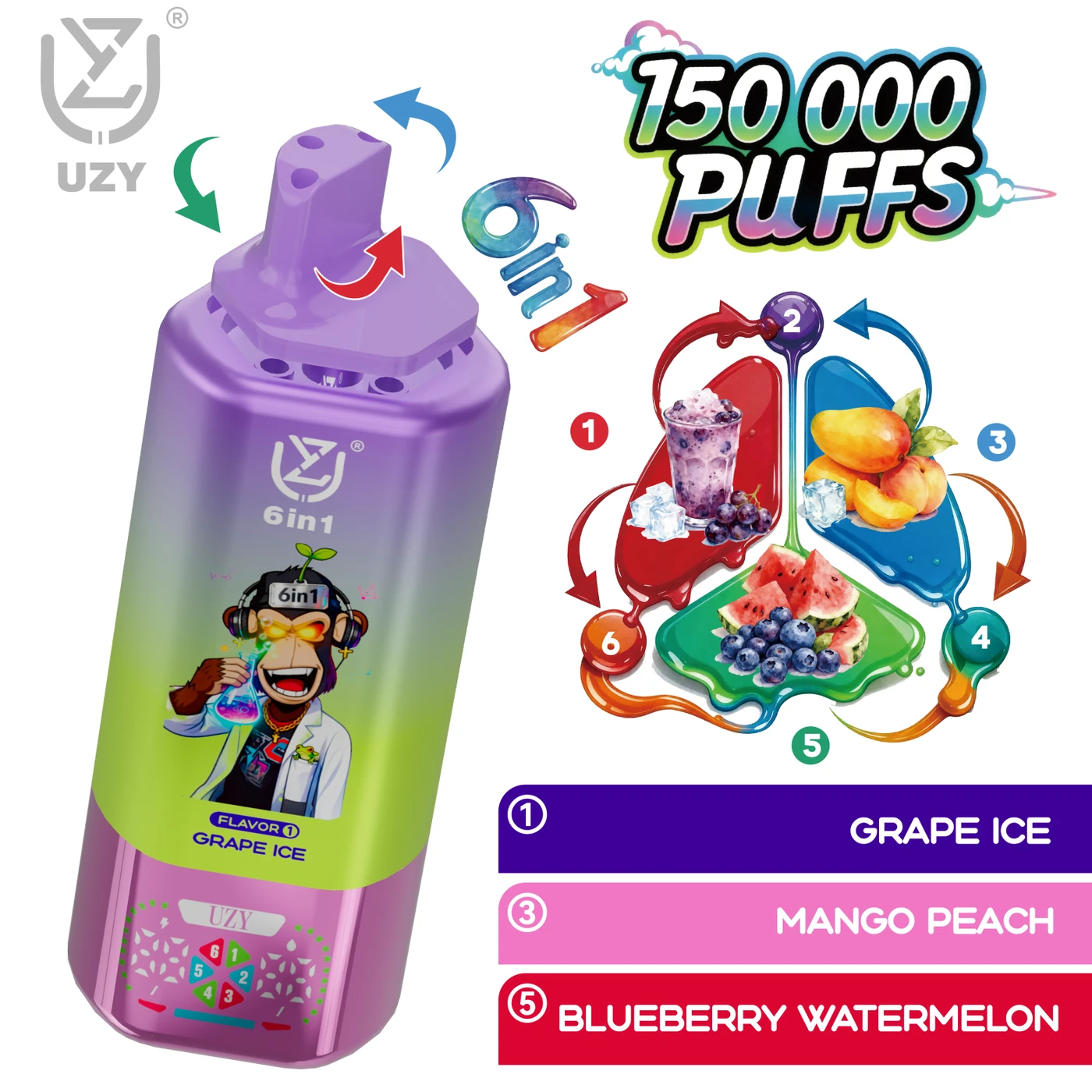 UZY 6-en-1 150K - Grape Ice & Mango Peach & Blueberry Watermelon