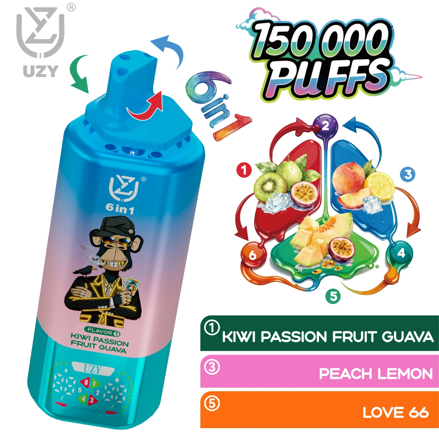 UZY 6-en-1 150K - Kiwi Passion Fruit Guava & Peach Lemon & Love 66