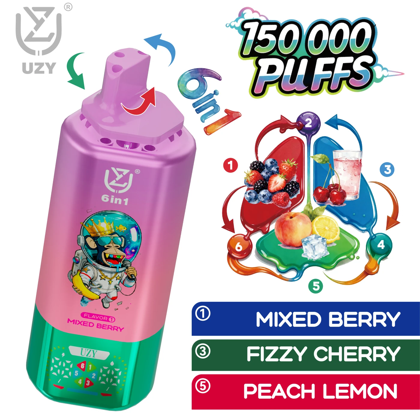 UZY 6-en-1 150K - Mixed Berry & Fizzy Cherry Peach Lemon