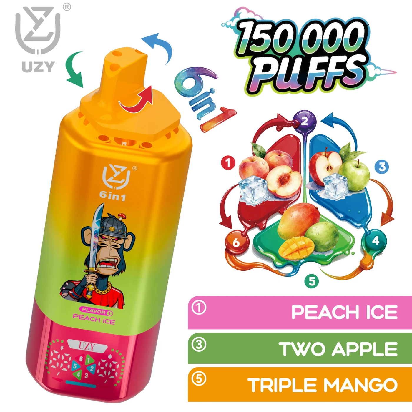 UZY 6-en-1 150K - Peach Ice & Two Apple & Triple Mango