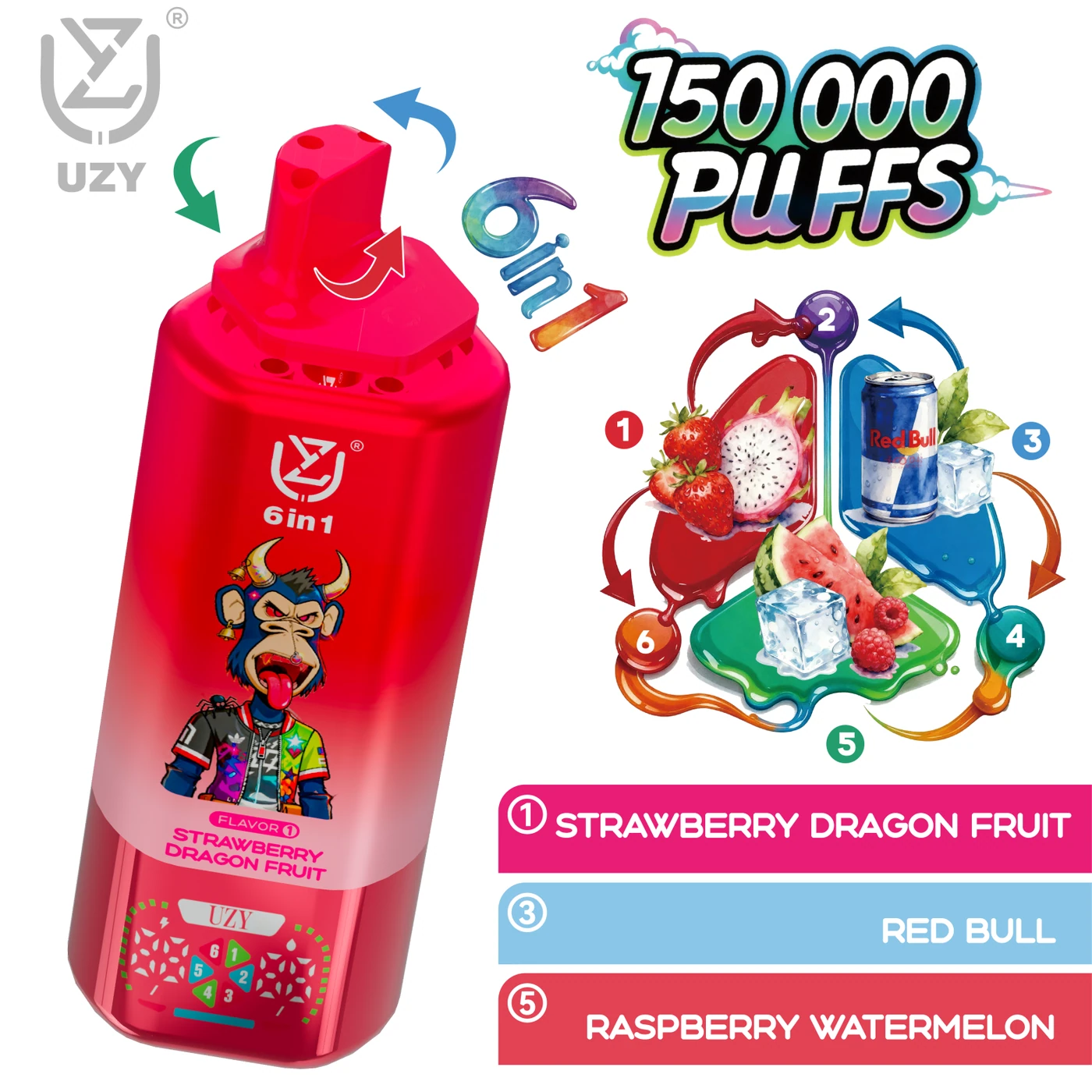 UZY 6-en-1 150K - Strawberry Dragon Fruit & Red Bull & Raspberry Watermelon