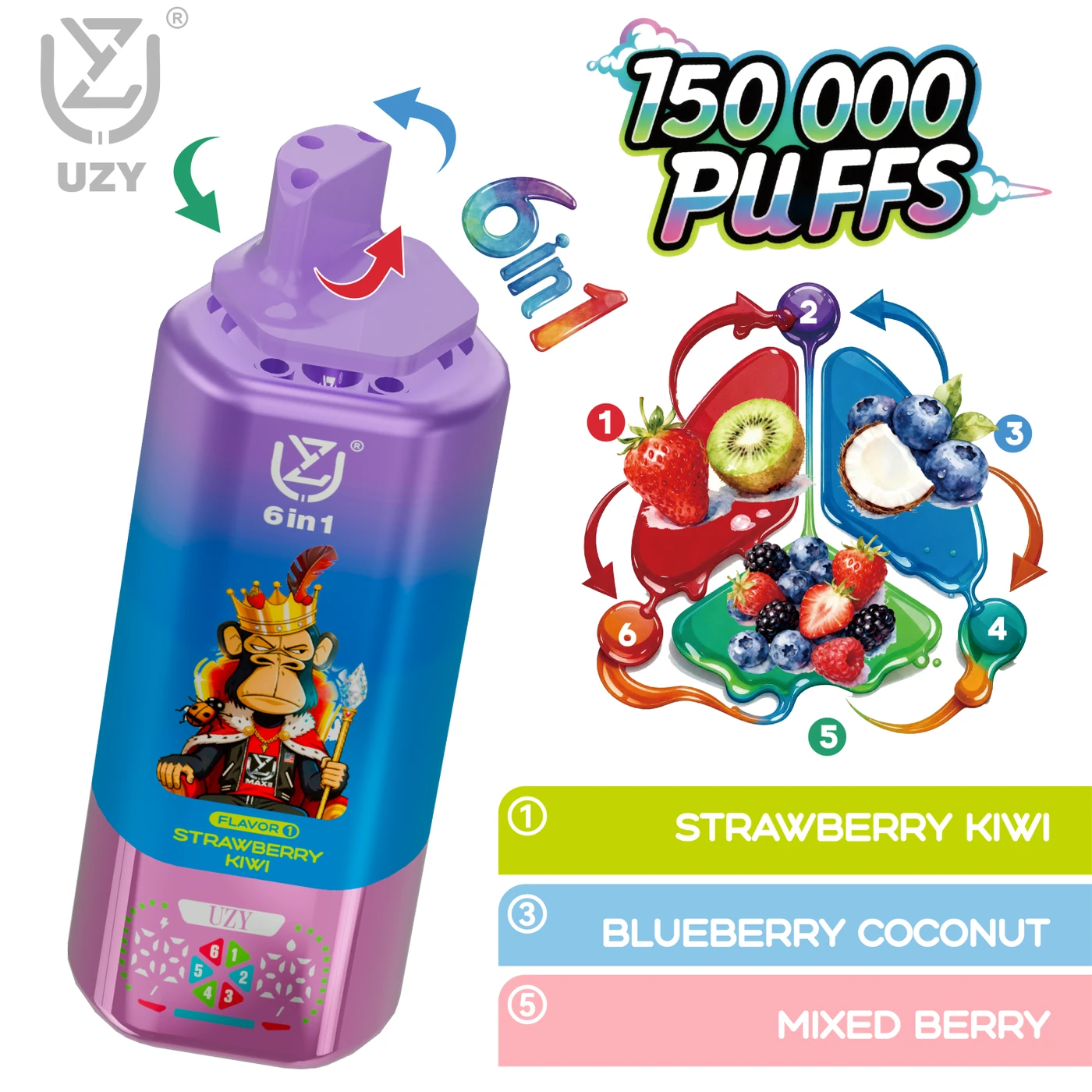 UZY 6-en-1 150K - Strawberry Kiwi & Blueberry Coconut & Mixed Berry