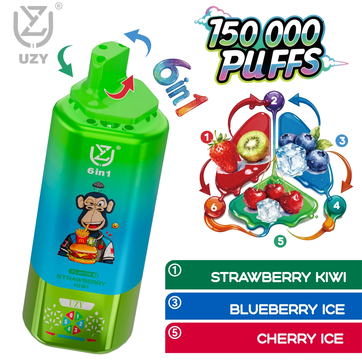 UZY 6-en-1 150K - Strawberry Kiwi & Blueberry Ice & Cherry Ice