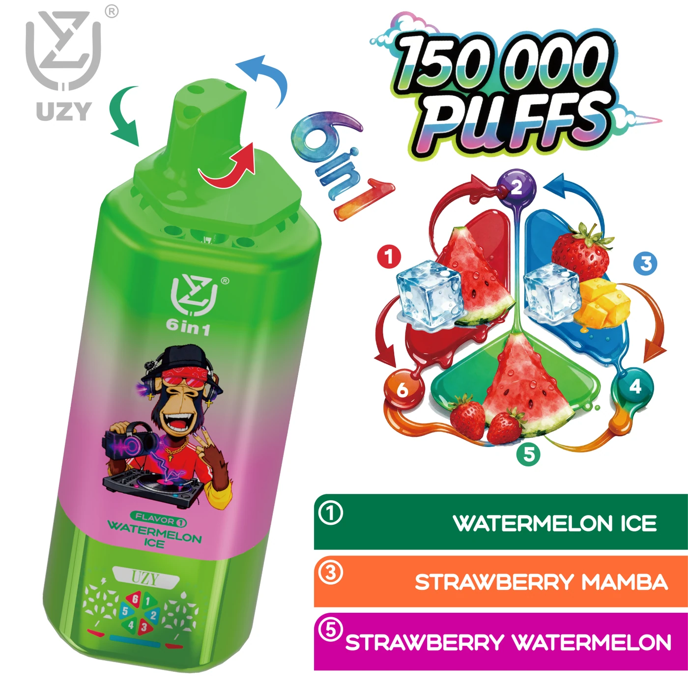 UZY 6-en-1 150K - Watermelon Ice & Strawberry Mamba & Strawberry Watermelon