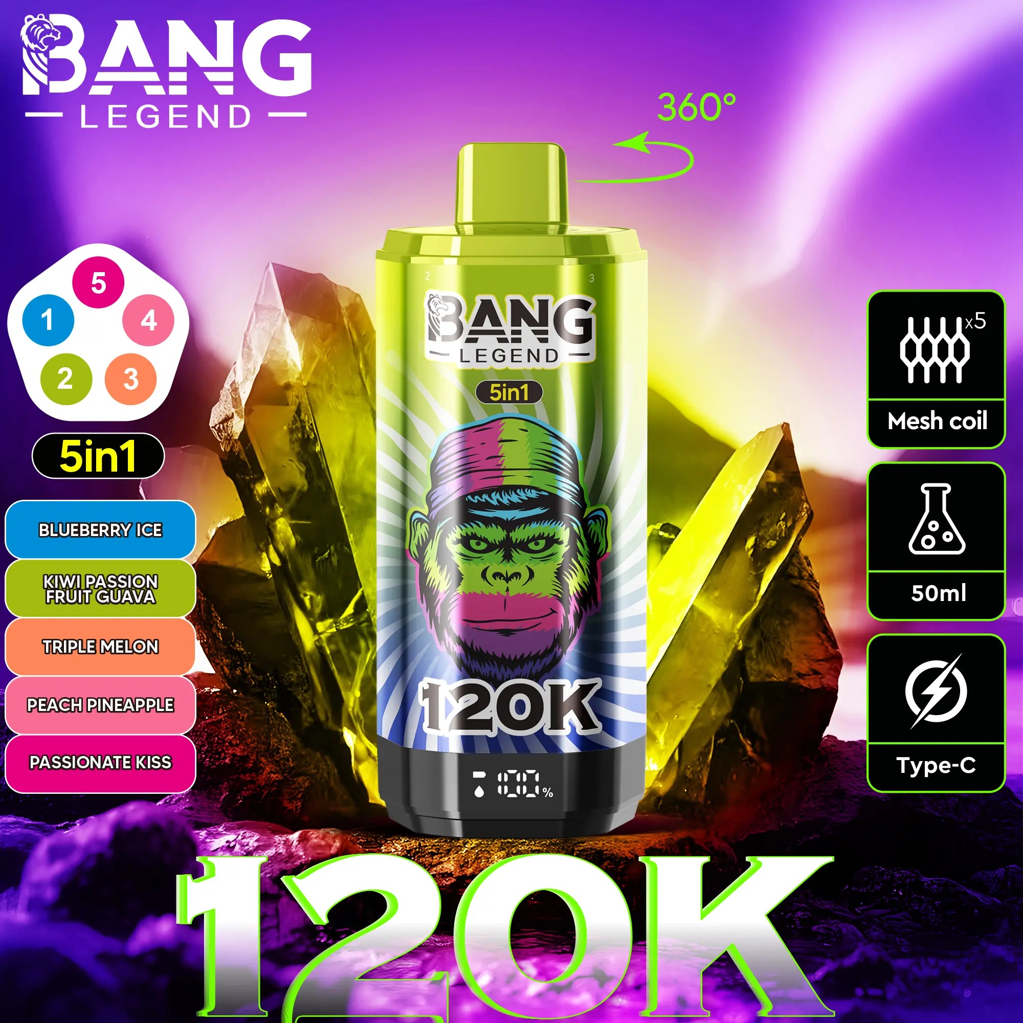 Bang Legend 120K - Blueberry Ice / Kiwi Passion Fruit Guava / Triple Melon / Peach Pineapple / Passionate Kiss