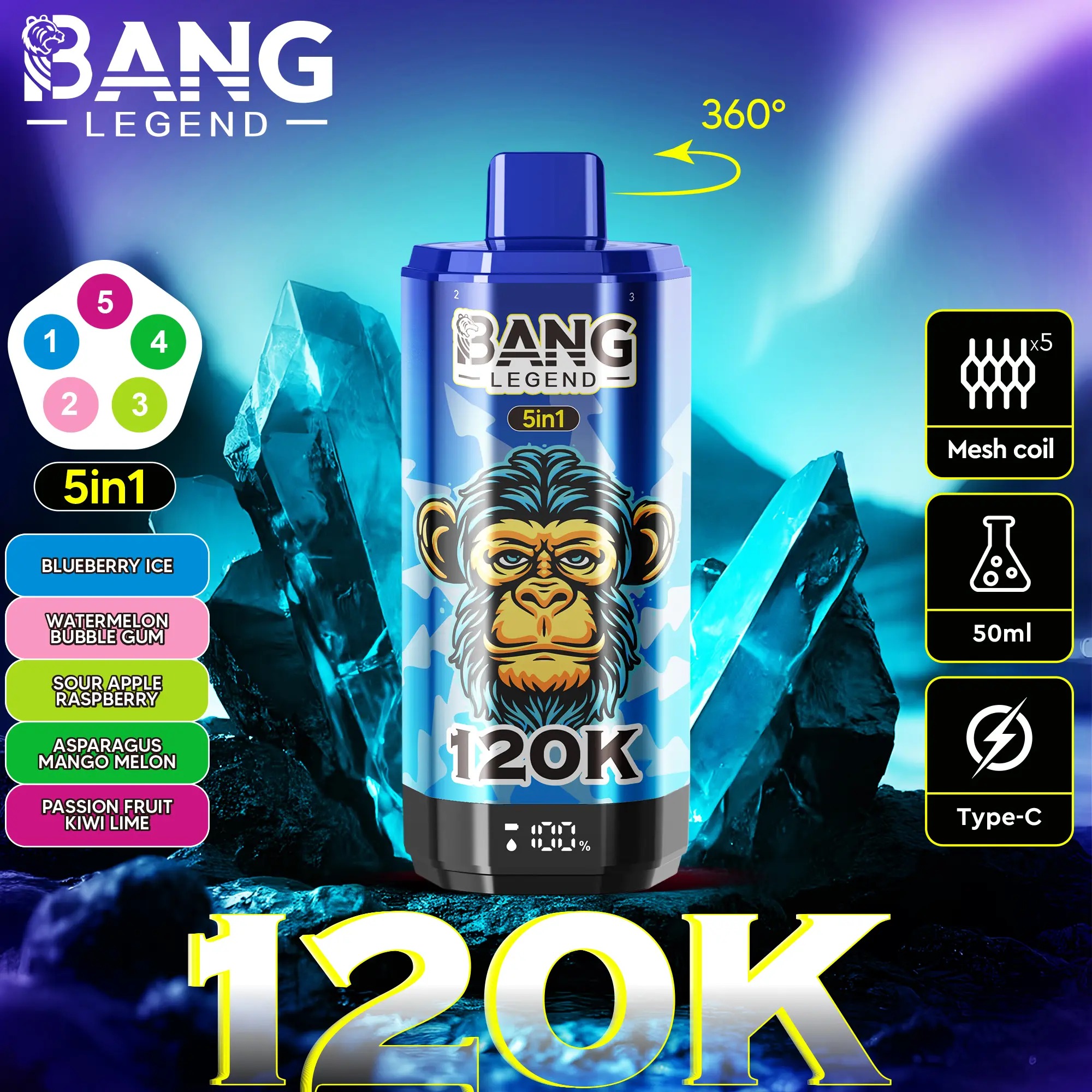 Bang Legend 120K - Blueberry Ice / Watermelon Bubble Gum / Sour Apple Raspberry / Lotus Fruit Mango Melon / Passion Fruit Kiwi Lime