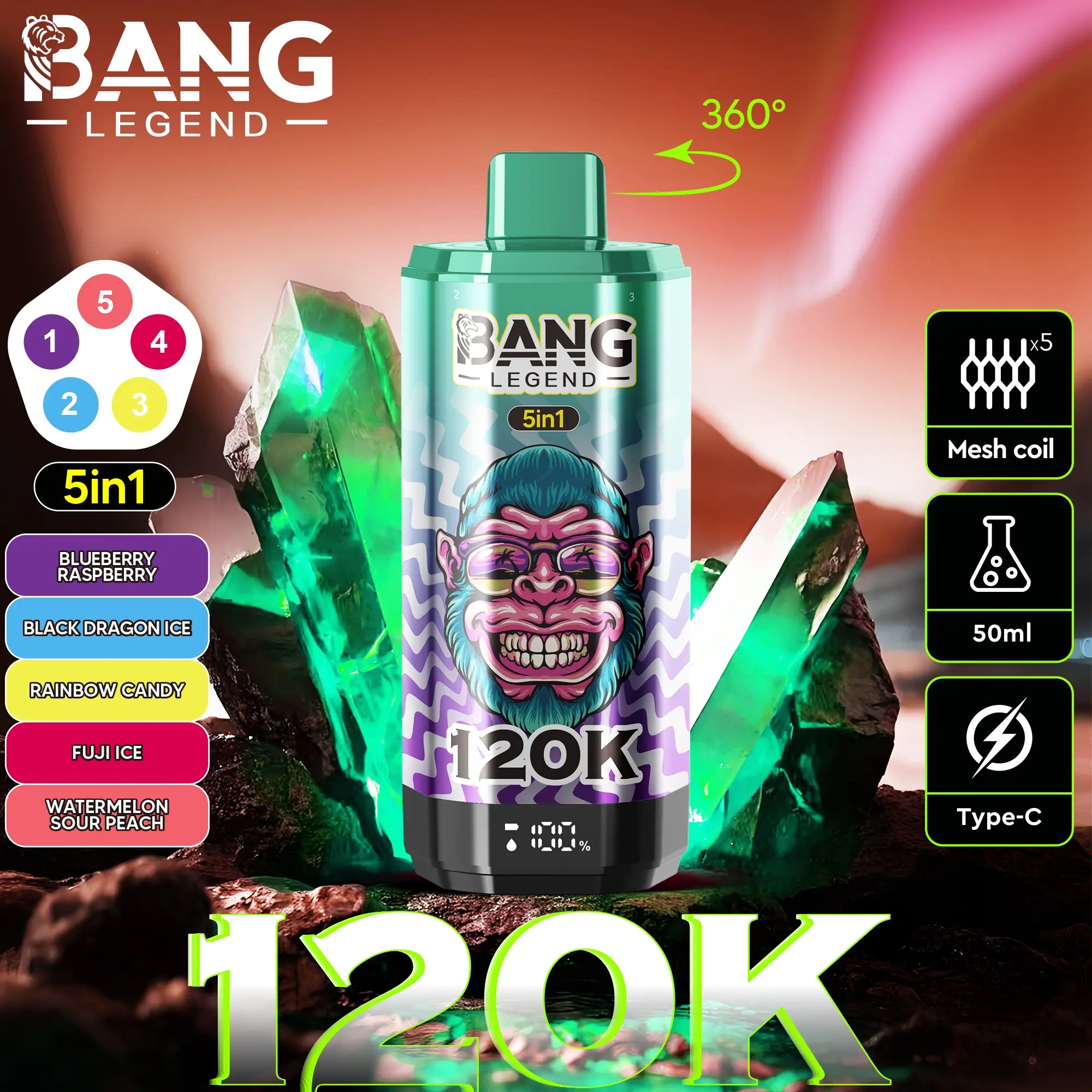 Bang Legend 120K - Blueberry Raspberry / Black Dragon Ice / Rainbow Candy / Fuji Ice / Watermelon Sour Peach