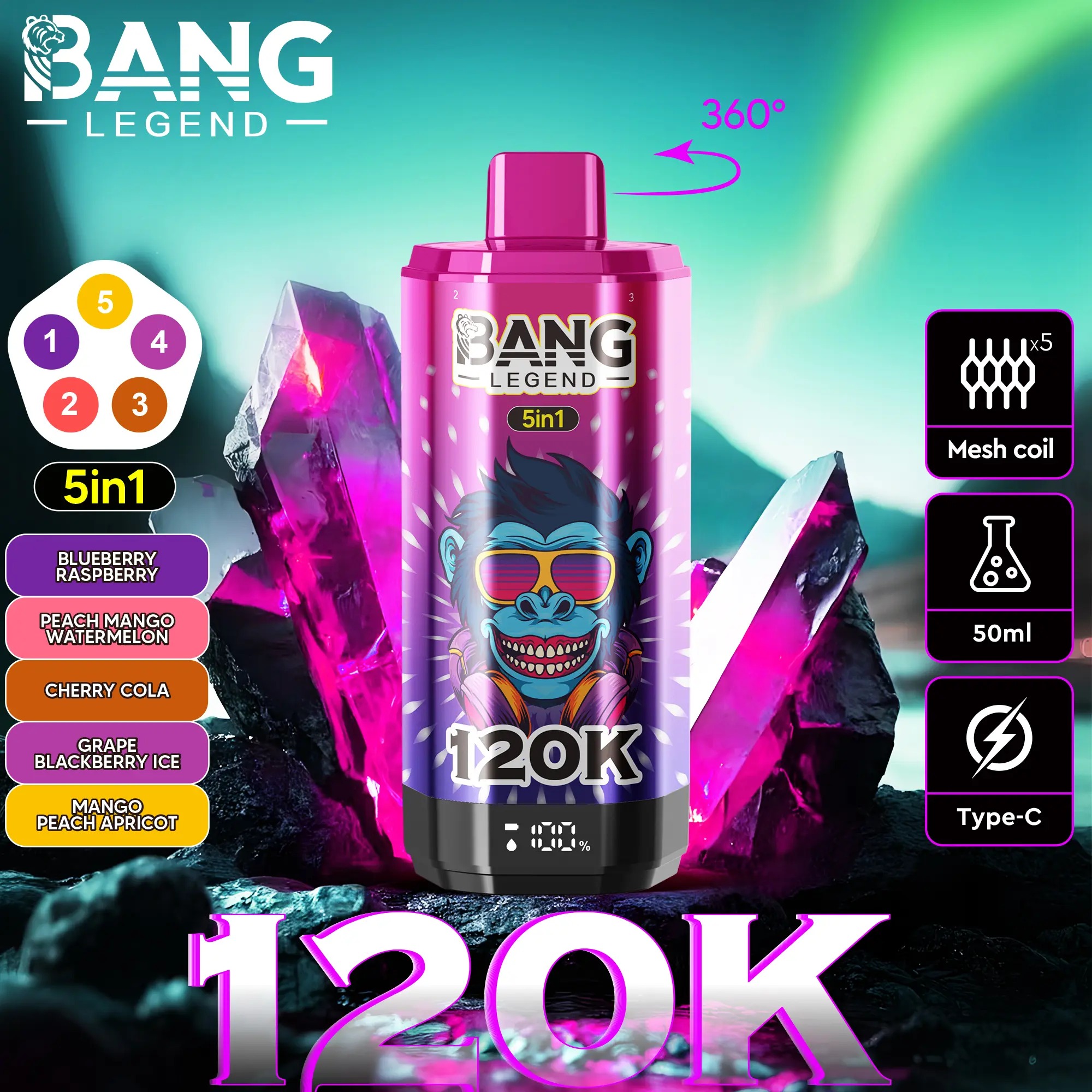 Bang Legend 120K - Blueberry Raspberry / Peach Mango Watermelon / Cherry Cola / Grape Blackberry Ice / Mango Peach Apricot