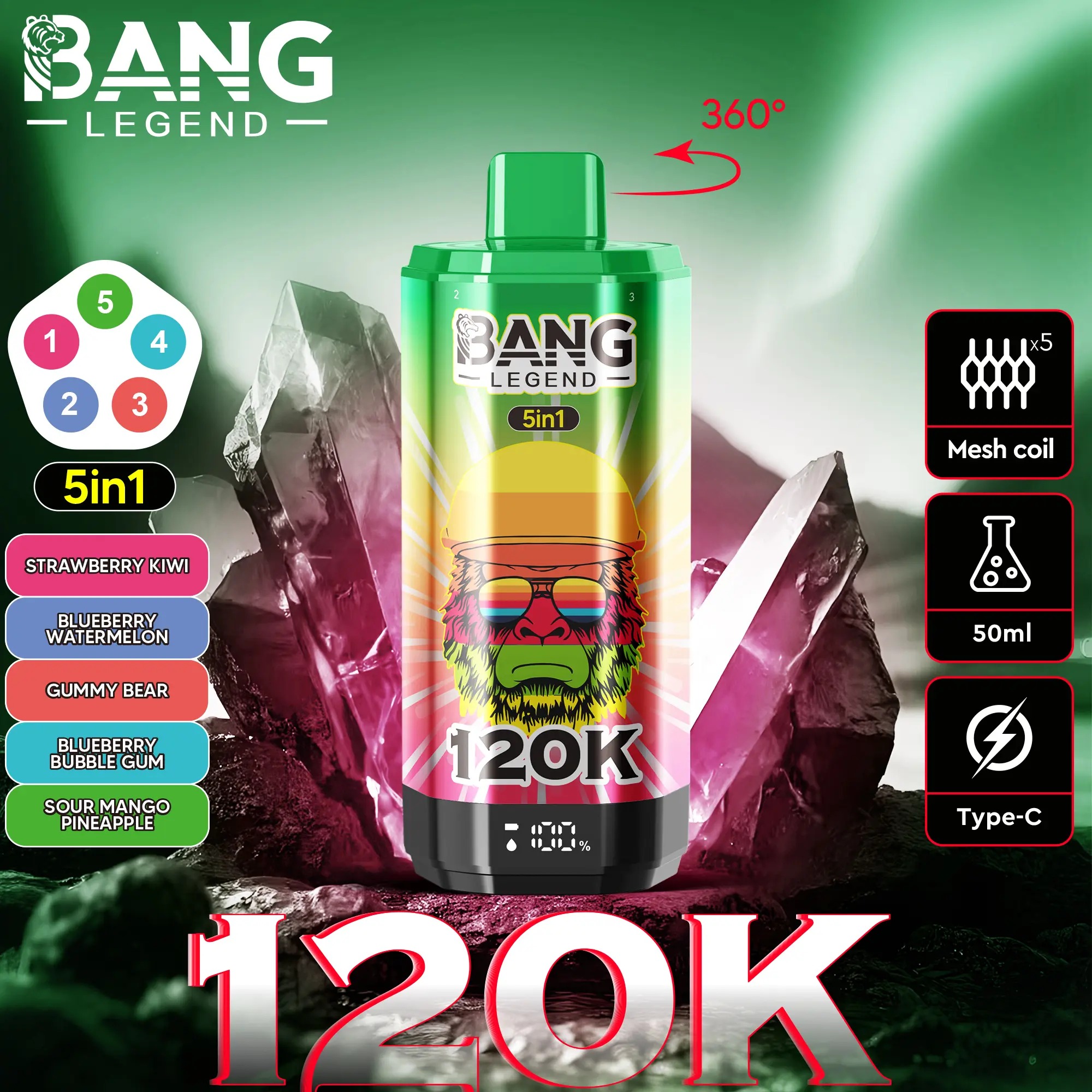 Bang Legend 120K - Strawberry Kiwi / Blueberry Watermelon / Bear Fudge / Blueberry Bubble Gum / Sour Mango Pineapple