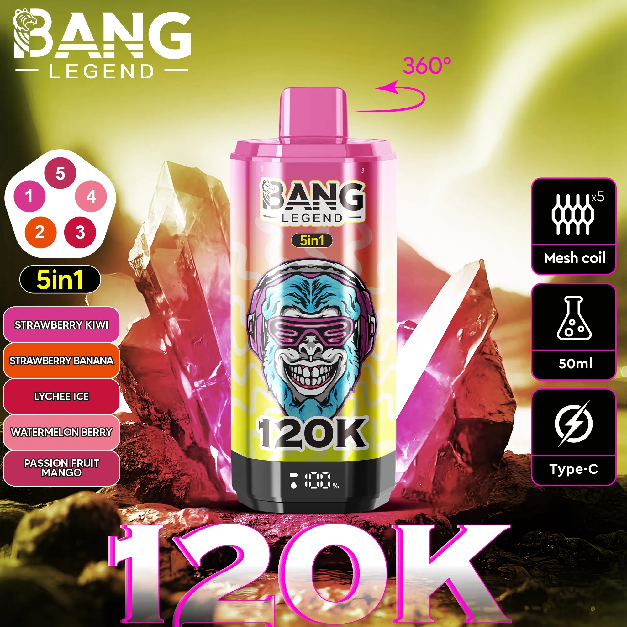 Bang Legend 120K - Strawberry Kiwi / Strawberry Banana / Lychee Ice / Watermelon Berry / Passion Fruit Mango