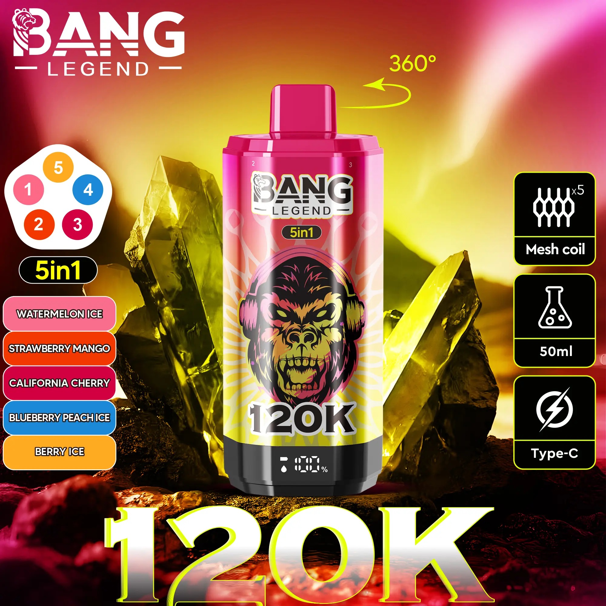 Bang Legend 120K - Watermelon Ice / Strawberry Mango / California Cherry / Blueberry Peach Ice / Berry Ice